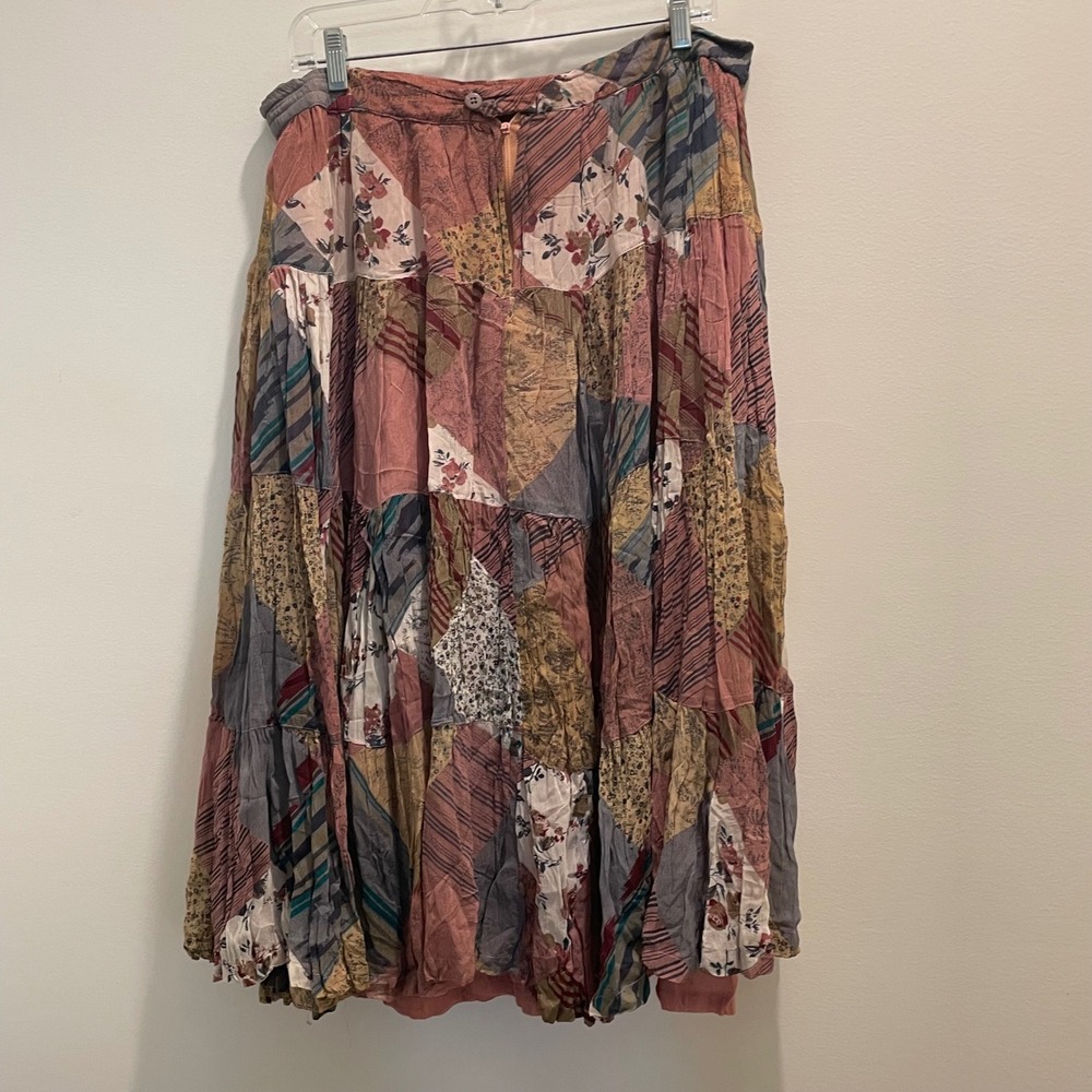 Madeleine Collection Womens Patchwork Maxi Skirt L Multicolor Boho Tiered Rayon - Picture 2 of 5